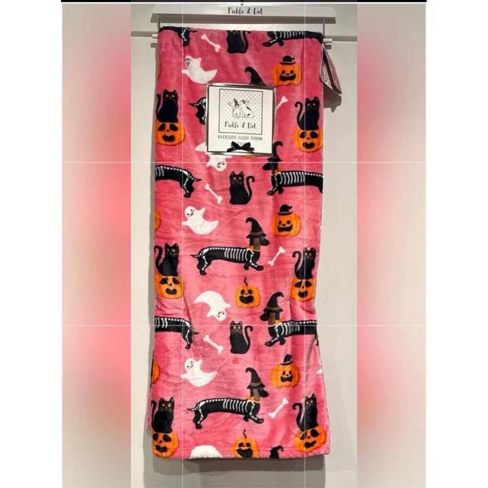 Dachshund Doxie Pink Halloween Print Plush Throw Blanket -Pickle & Dot
